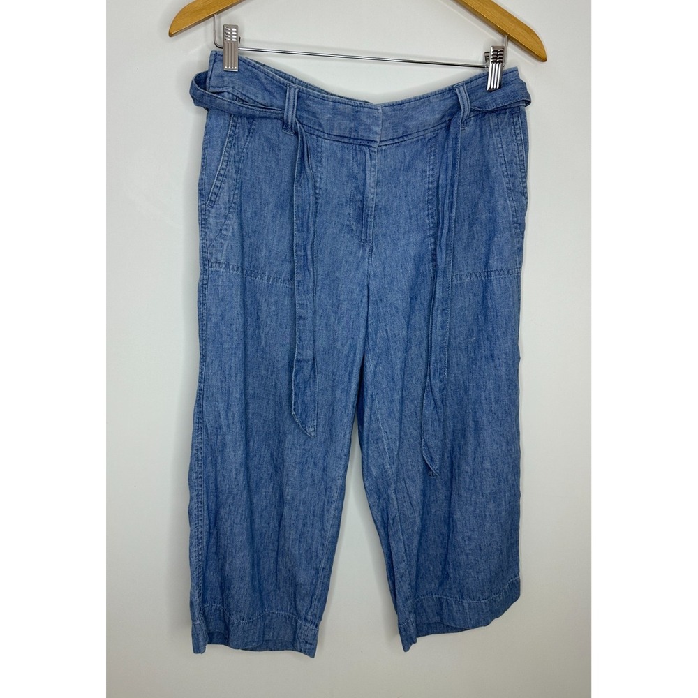 Talbots Linen Blend Chambray Tie-Waist Wide-Leg Cropped Pants Blue 2P 2 Petite - Picture 2 of 11
